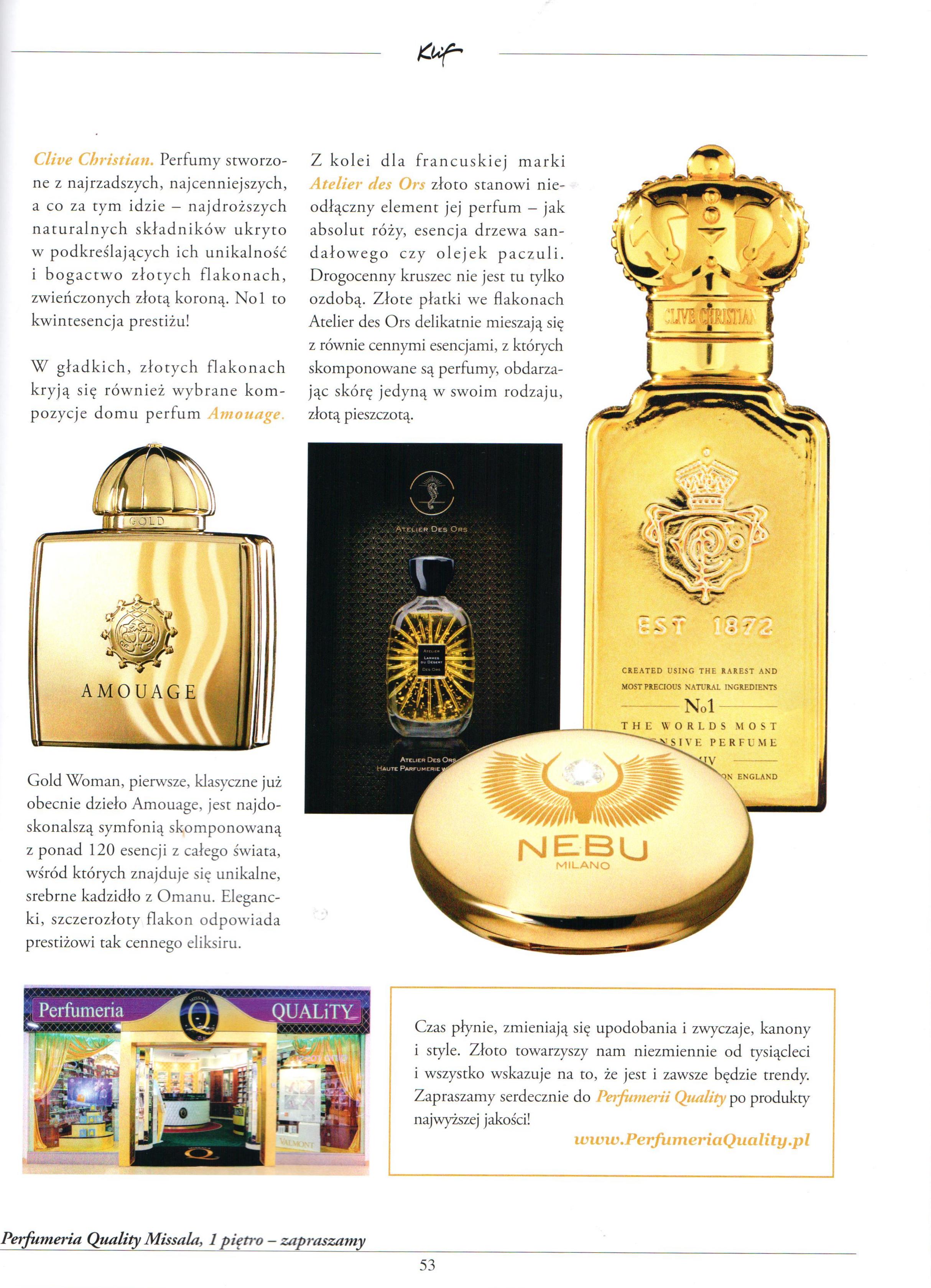 2015 Magazyn Klif Jesień_AMOUAGE Gold Woman, ATELIER DES ORS Larmes du Desert, CLIVE CHRISTIAN No1, NEBU MILANO Złota puderniczka